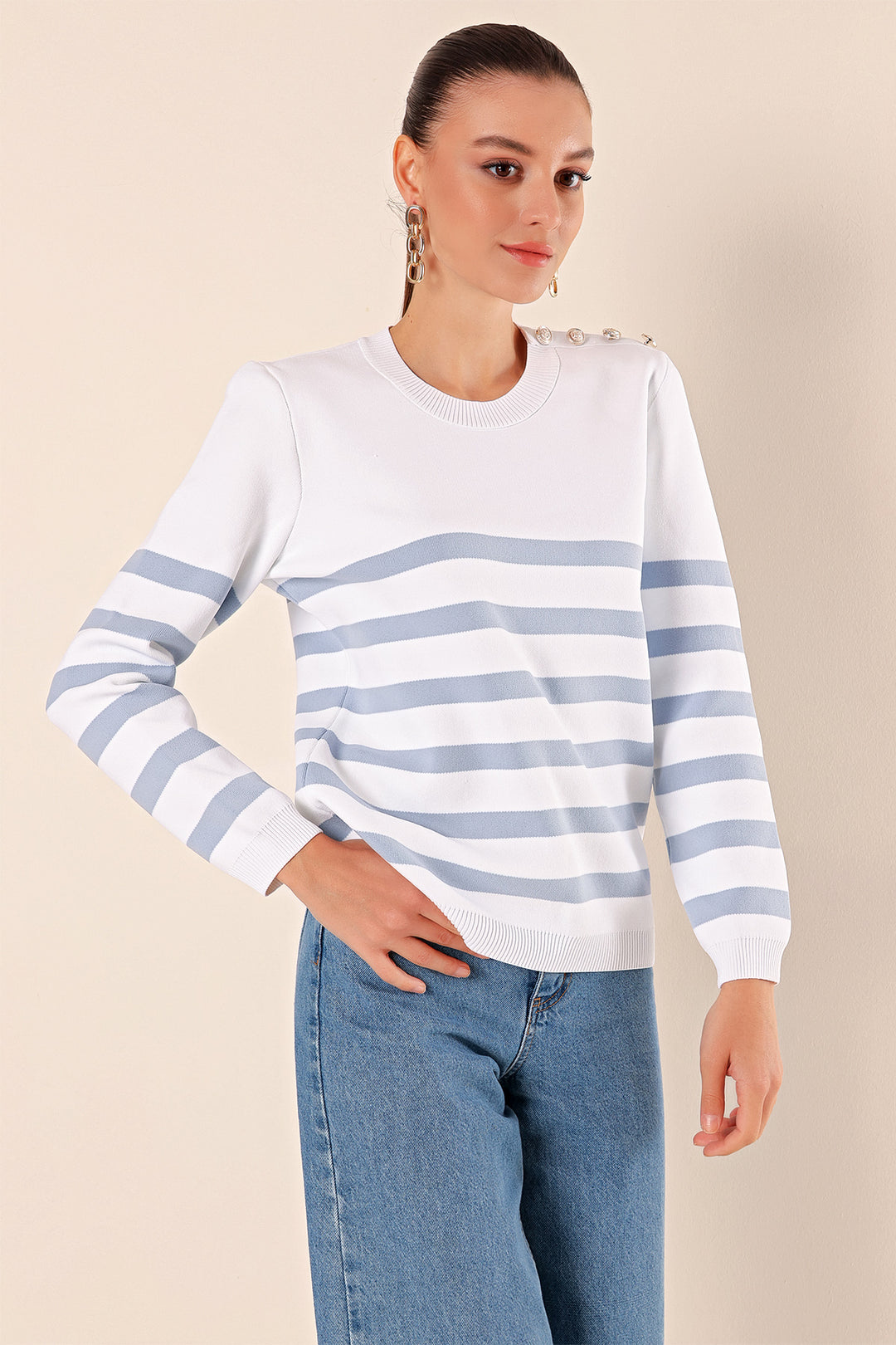 BGD Women Button Detail Striped Sweater - C. Indigo - Rio Rancho