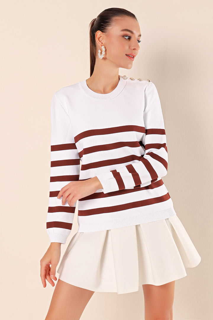BGD Women Button Detail Striped Sweater - Dark Brown - Avondale