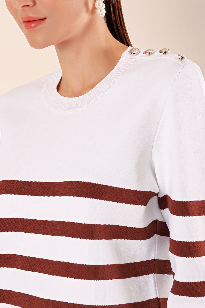 BGD Women Button Detail Striped Sweater - Dark Brown - Avondale