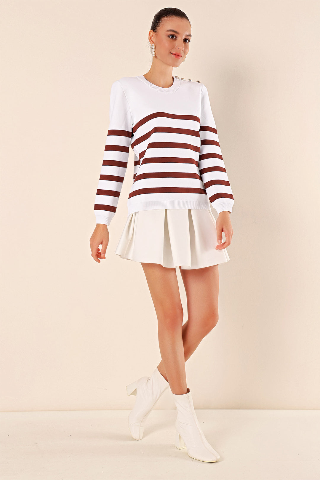 BGD Women Button Detail Striped Sweater - Dark Brown - Avondale