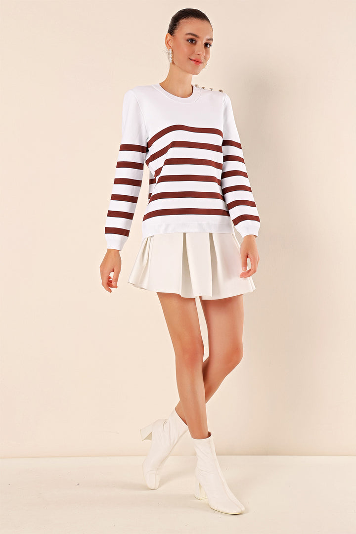 BGD Women Button Detail Striped Sweater - Dark Brown - Avondale