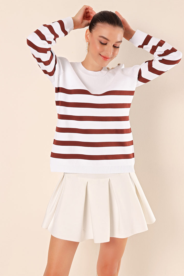 BGD Women Button Detail Striped Sweater - Dark Brown - Avondale