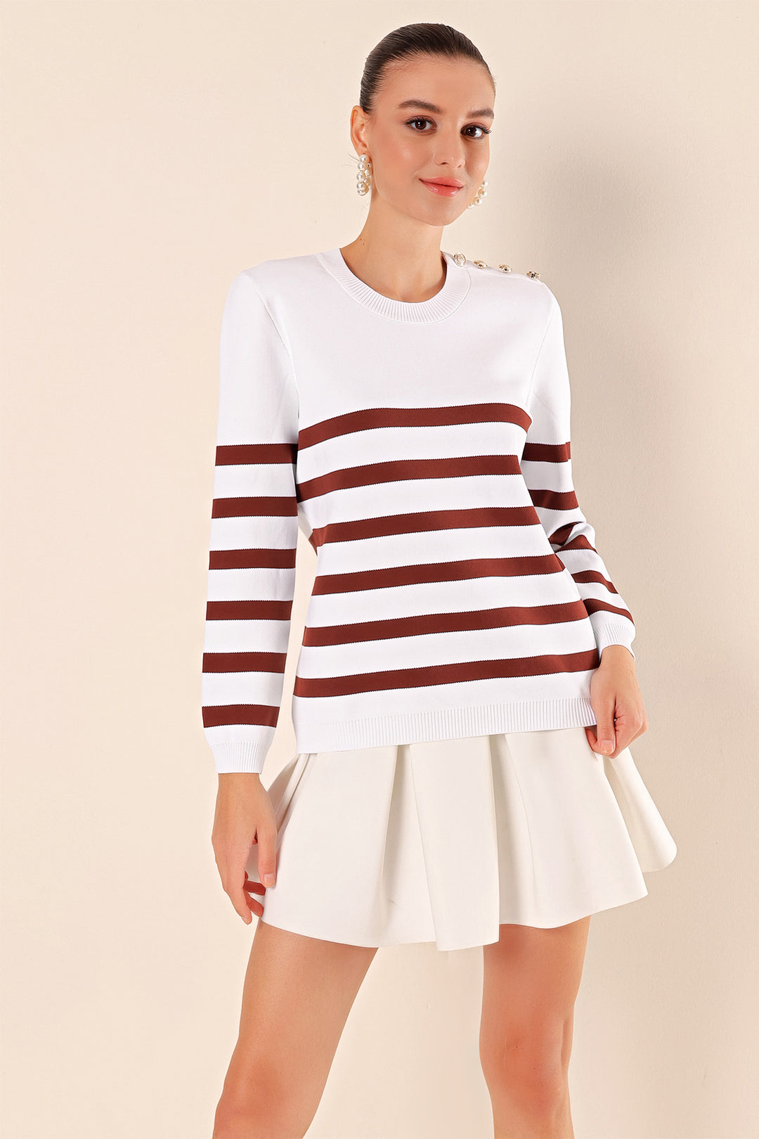 BGD Women Button Detail Striped Sweater - Dark Brown - Avondale