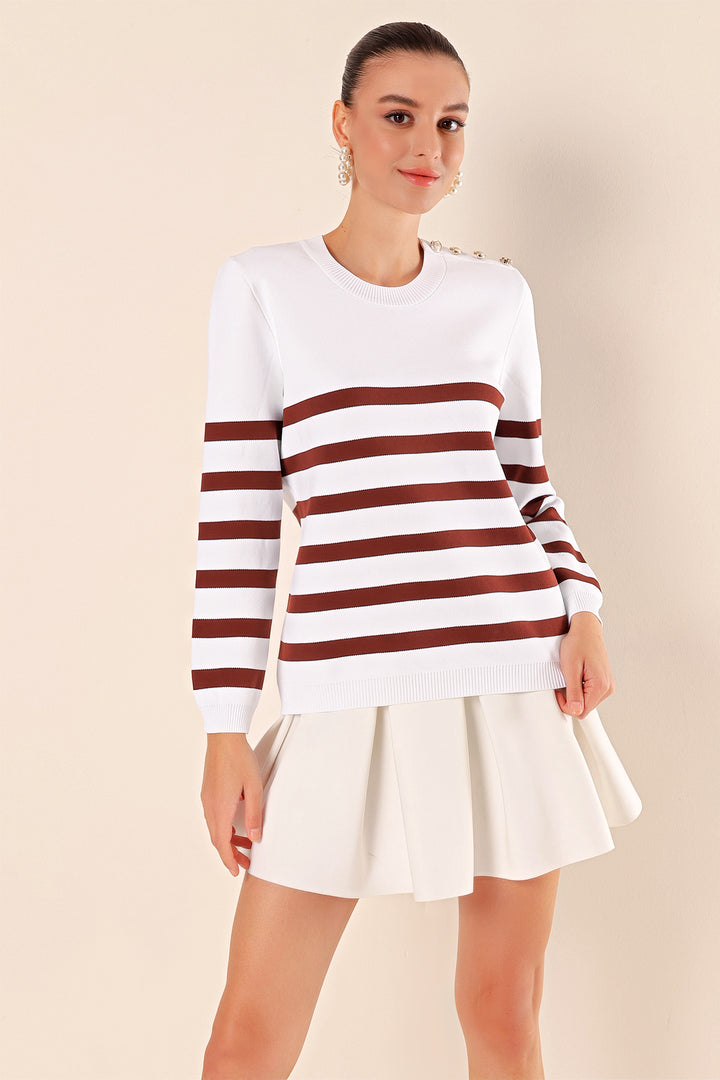 BGD Women Button Detail Striped Sweater - Dark Brown - Avondale