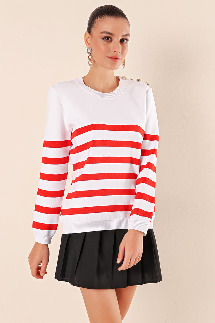 BGD Women Button Detail Striped Sweater - Burgundy - Vancouver