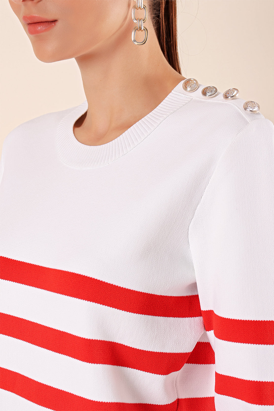 BGD Women Button Detail Striped Sweater - Burgundy - Vancouver