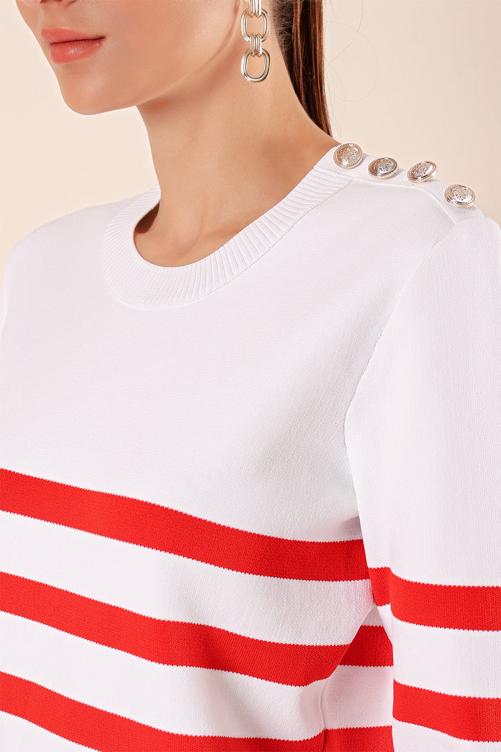 BGD Women Button Detail Striped Sweater - Burgundy - Vancouver