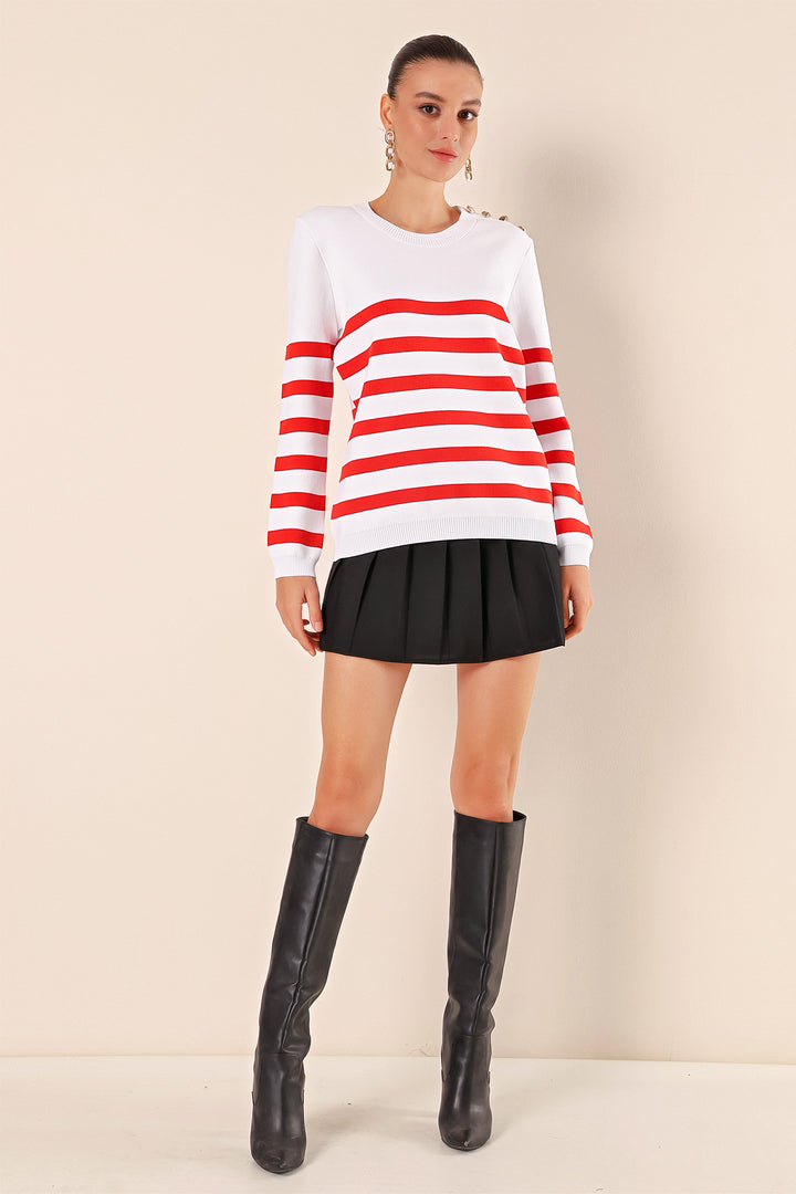 BGD Women Button Detail Striped Sweater - Burgundy - Vancouver