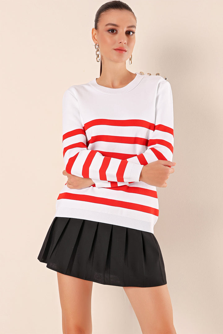 BGD Women Button Detail Striped Sweater - Burgundy - Vancouver
