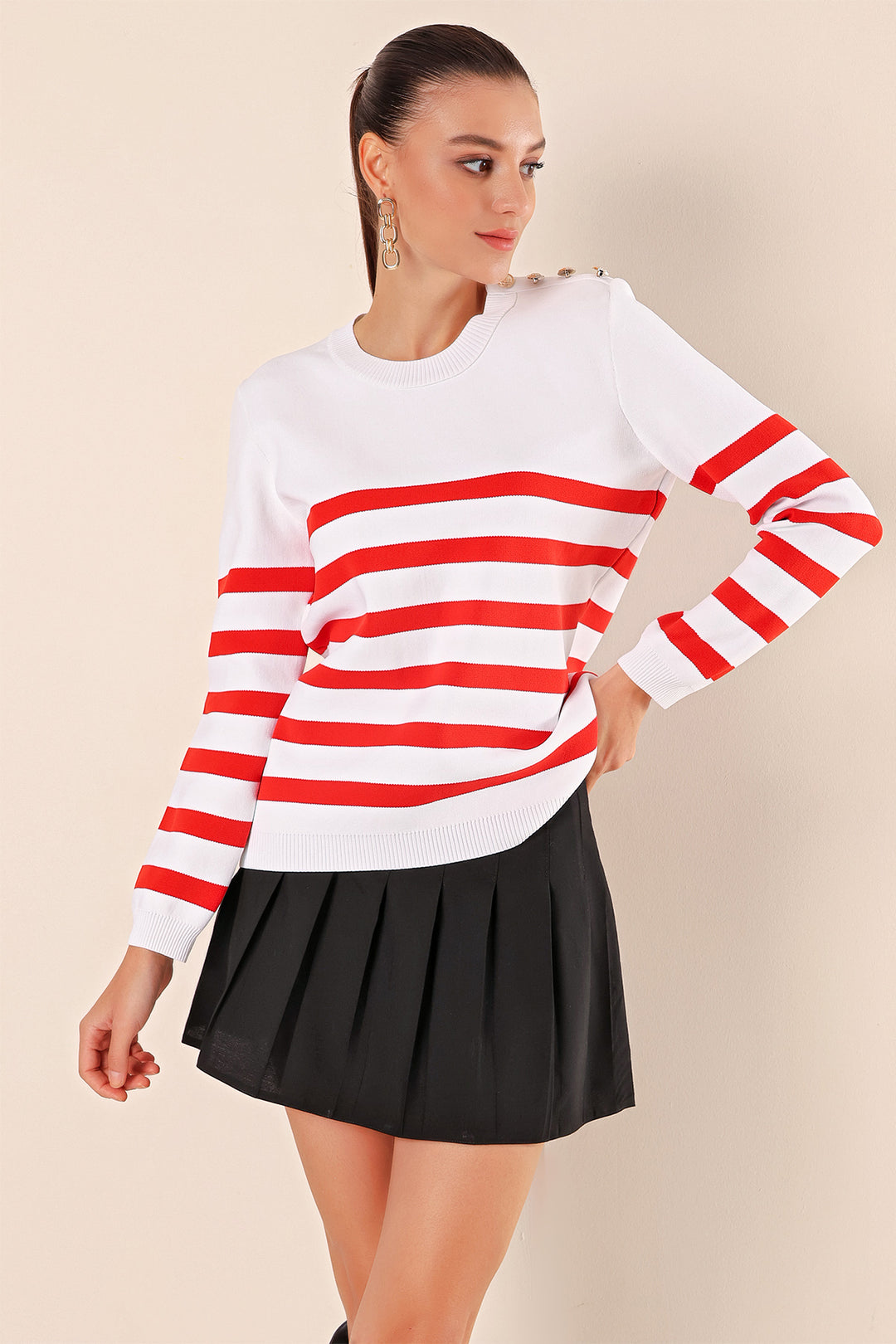 BGD Women Button Detail Striped Sweater - Burgundy - Vancouver
