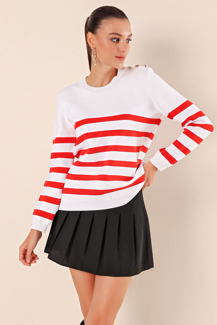 BGD Women Button Detail Striped Sweater - Burgundy - Vancouver