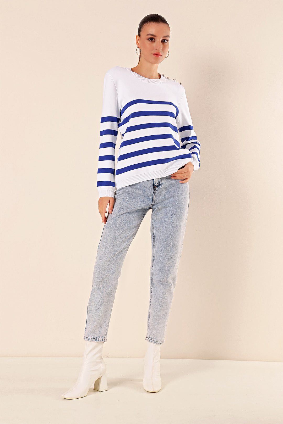 BGD Women Button Detail Striped Sweater - C.Saks - Folkestone