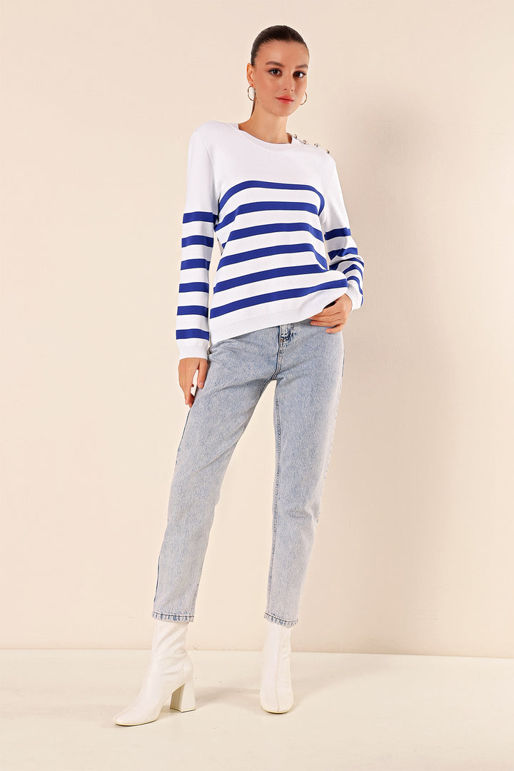 BGD Women Button Detail Striped Sweater - C.Saks - Folkestone