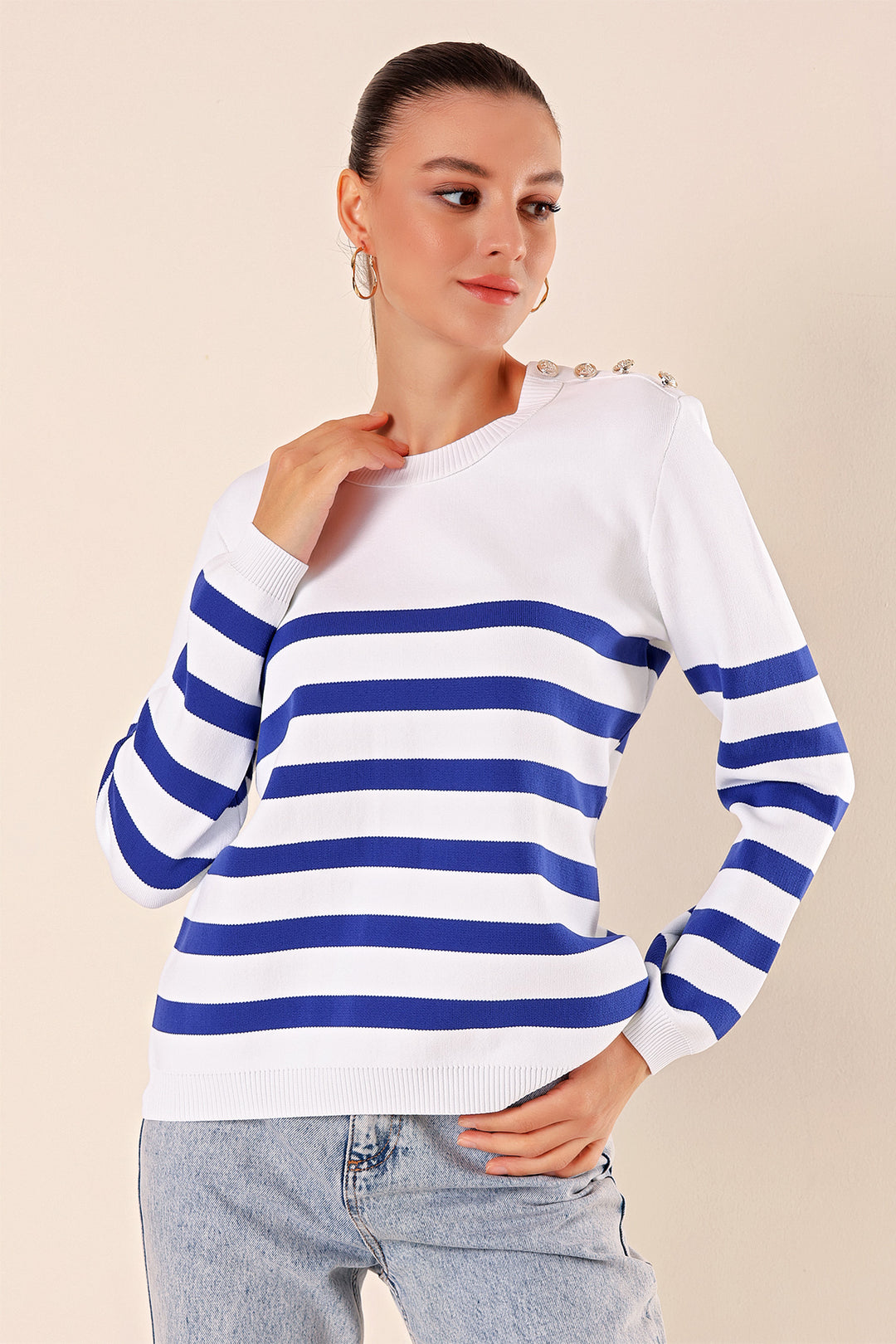 BGD Women Button Detail Striped Sweater - C.Saks - Folkestone
