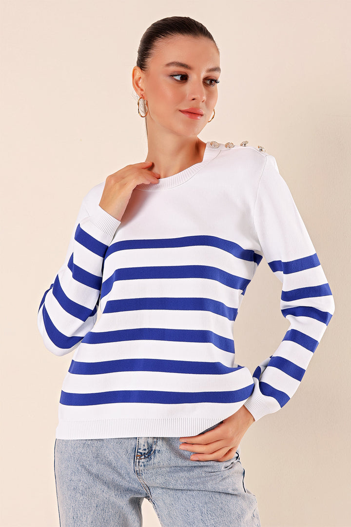 BGD Women Button Detail Striped Sweater - C.Saks - Folkestone
