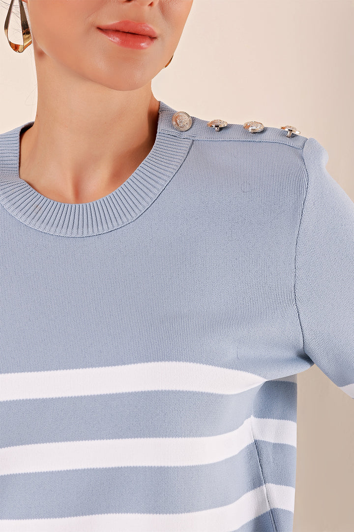 BGD Women Button Detail Striped Sweater - Indigo - Savona