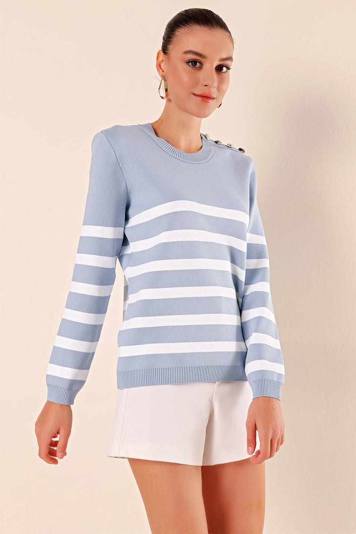 BGD Women Button Detail Striped Sweater - Indigo - Savona