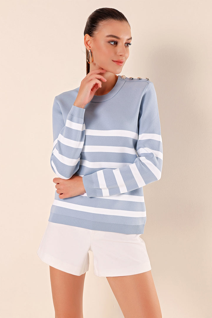 BGD Women Button Detail Striped Sweater - Indigo - Savona