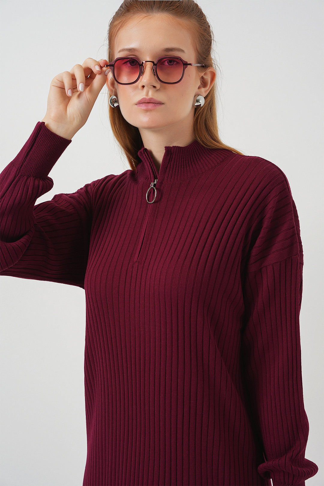 BGD Women Knitted Dress - Wine Red - Germering