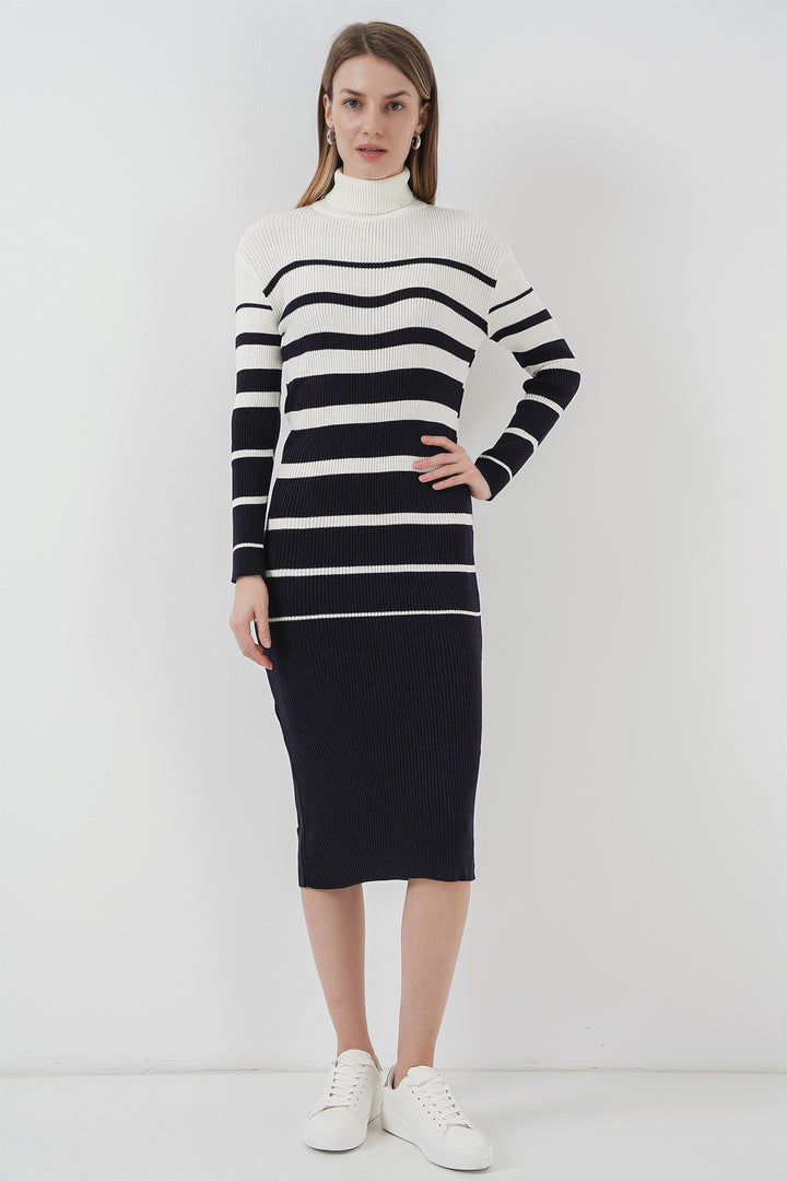 BGD Women Navy Blue White Knit Dress - Conroe