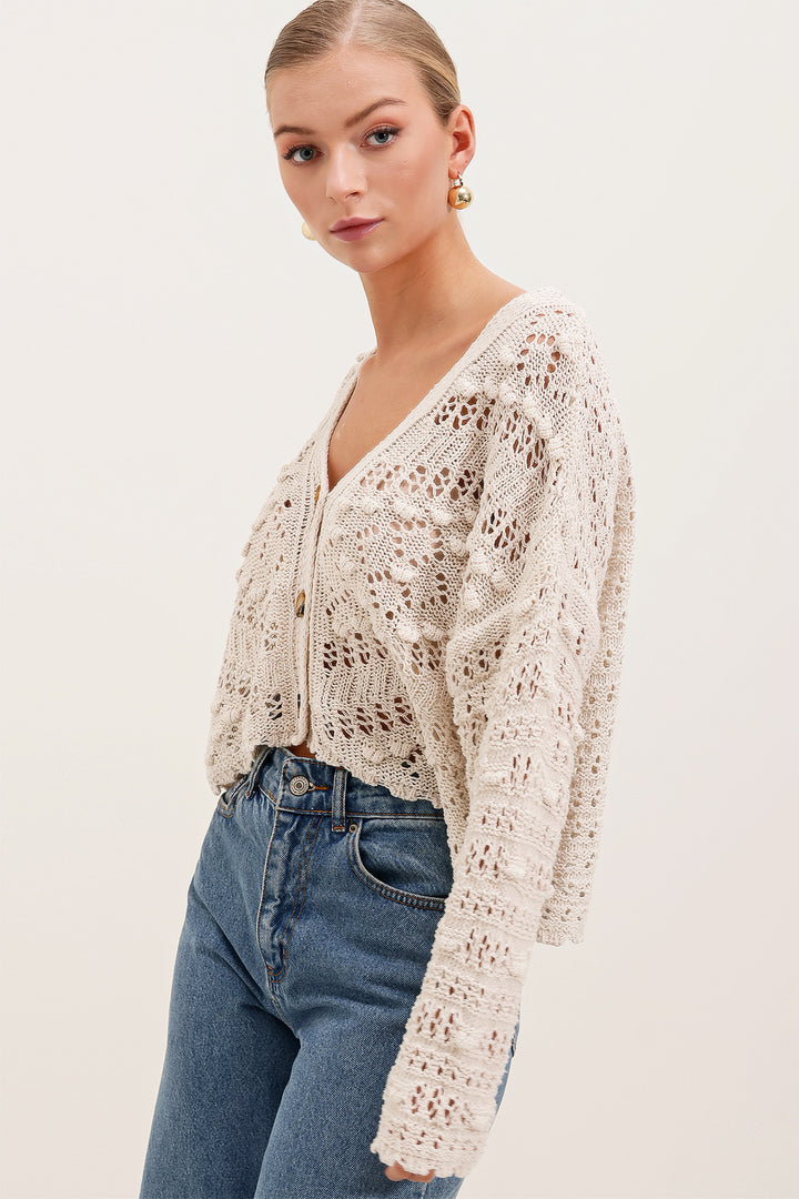 BGD Women Knitted/Perforated Oversized Cardigan - Stone - Kaunas