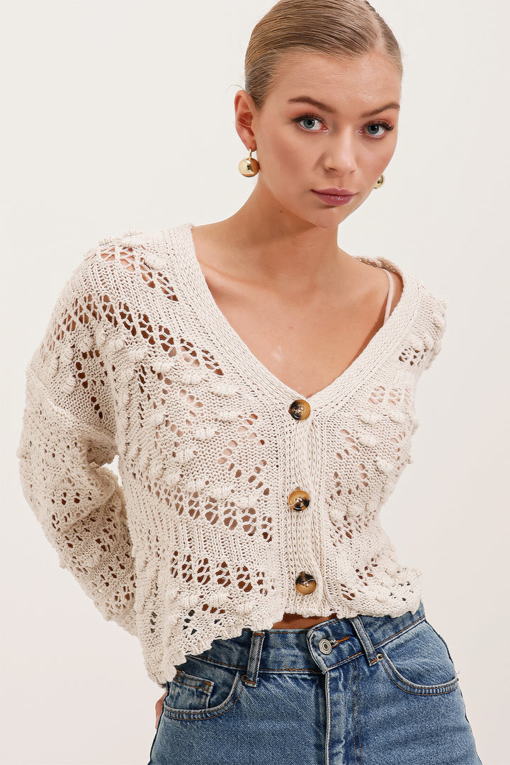 BGD Women Knitted/Perforated Oversized Cardigan - Stone - Kaunas