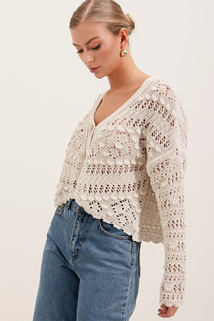 BGD Women Knitted/Perforated Oversized Cardigan - Stone - Kaunas