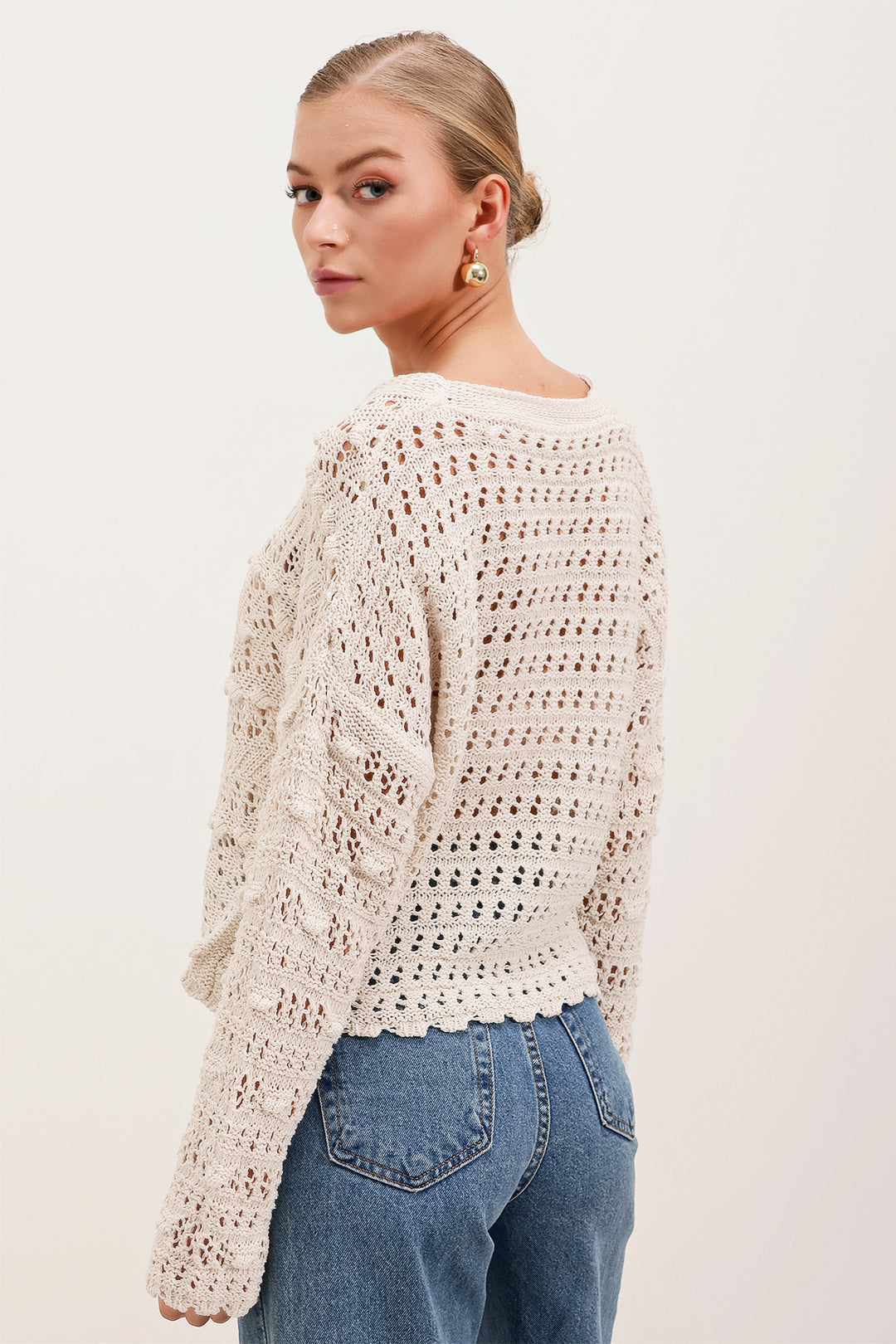 BGD Women Knitted/Perforated Oversized Cardigan - Stone - Kaunas