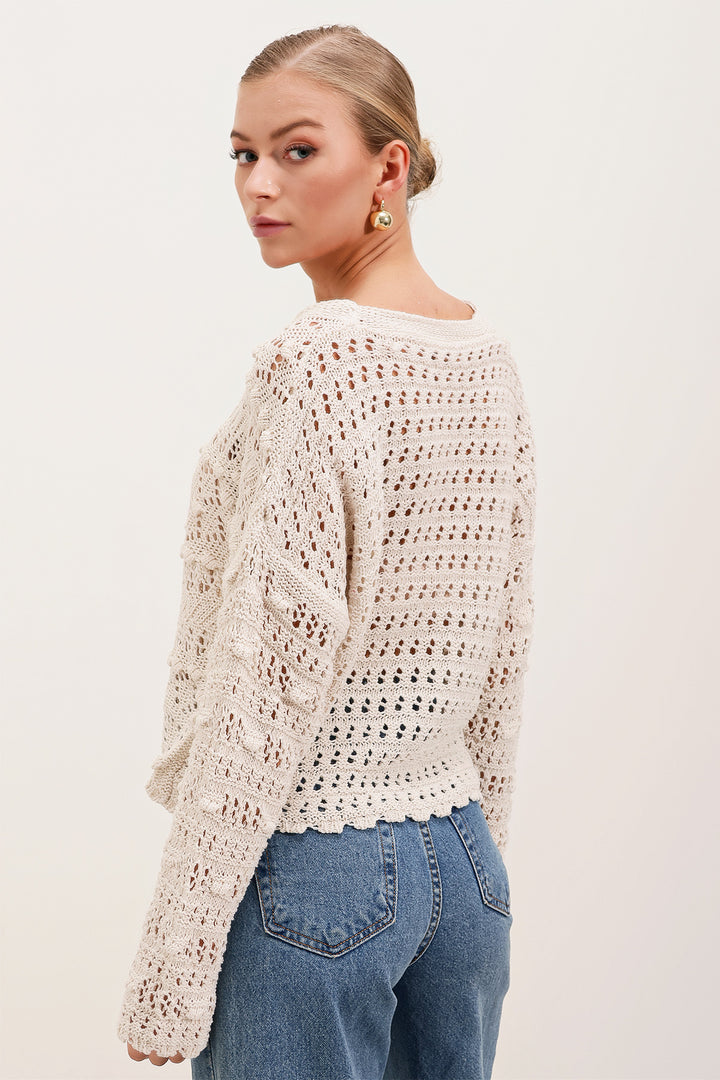 BGD Women Knitted/Perforated Oversized Cardigan - Stone - Kaunas