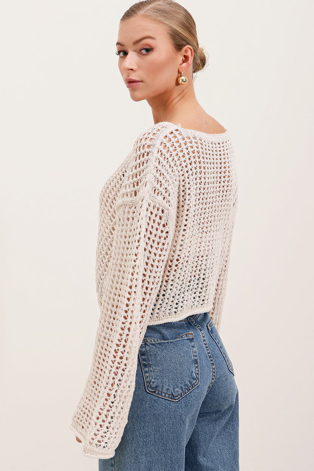 BGD Women Knitted/Perforated Oversize Crop Cardigan - Stone - San Buenaventura