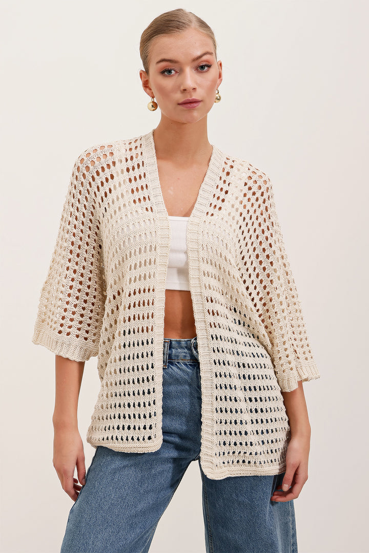 BGD Women Knit Oversized Cardigan with Eyelets - Stone - El Cajon