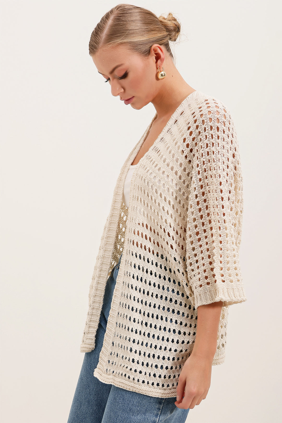 BGD Women Knit Oversized Cardigan with Eyelets - Stone - El Cajon