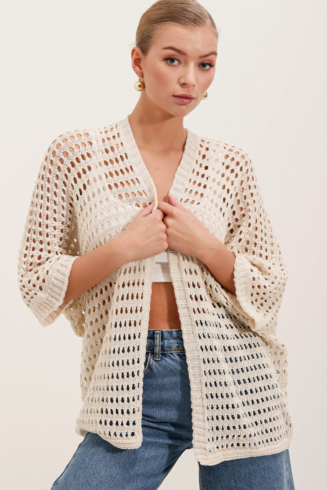BGD Women Knit Oversized Cardigan with Eyelets - Stone - El Cajon