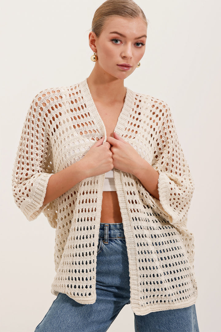 BGD Women Knit Oversized Cardigan with Eyelets - Stone - El Cajon