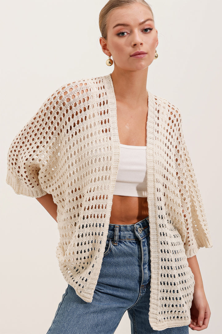 BGD Women Knit Oversized Cardigan with Eyelets - Stone - El Cajon