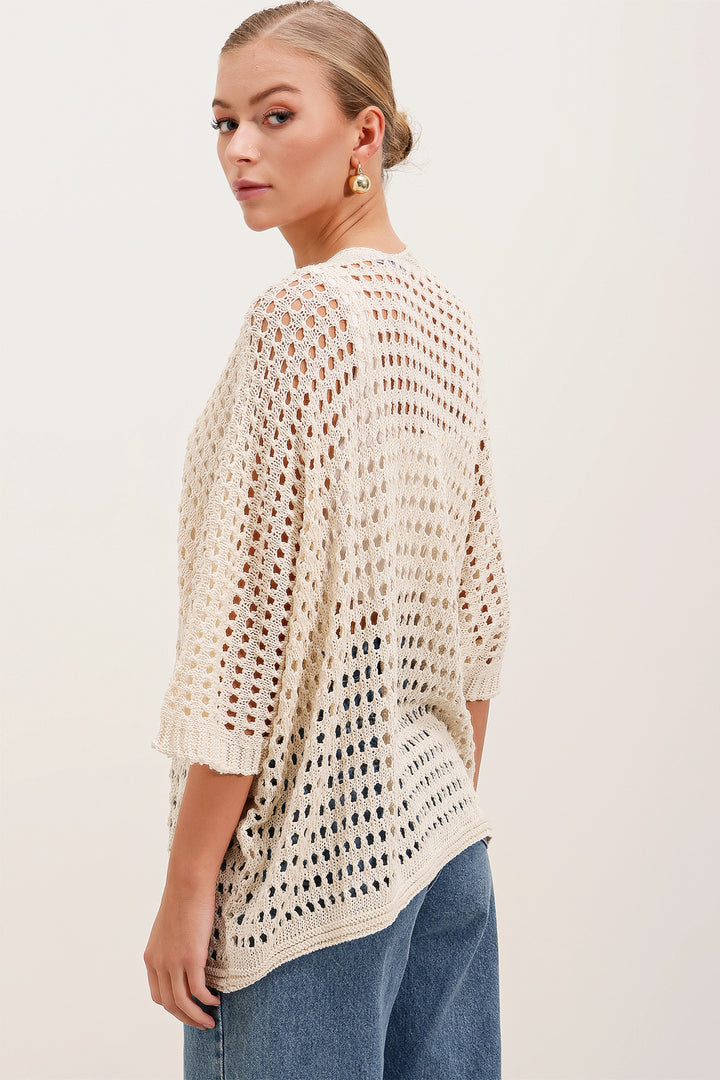 BGD Women Knit Oversized Cardigan with Eyelets - Stone - El Cajon