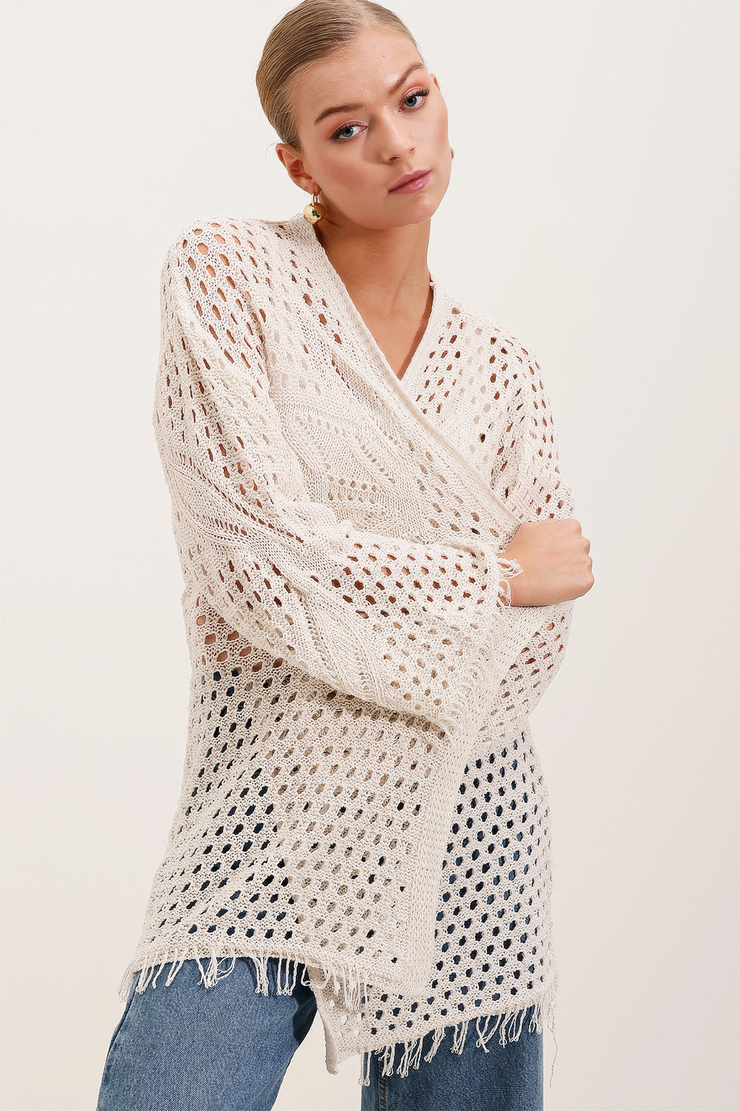 BGD Women Knitted/Perforated Oversized Cardigan - Stone - New Britain