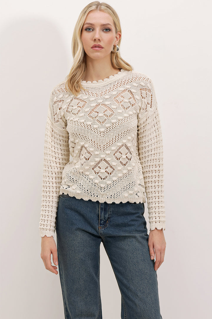 BGD Women Textured/Holey Oversized Sweater - Stone - Longview