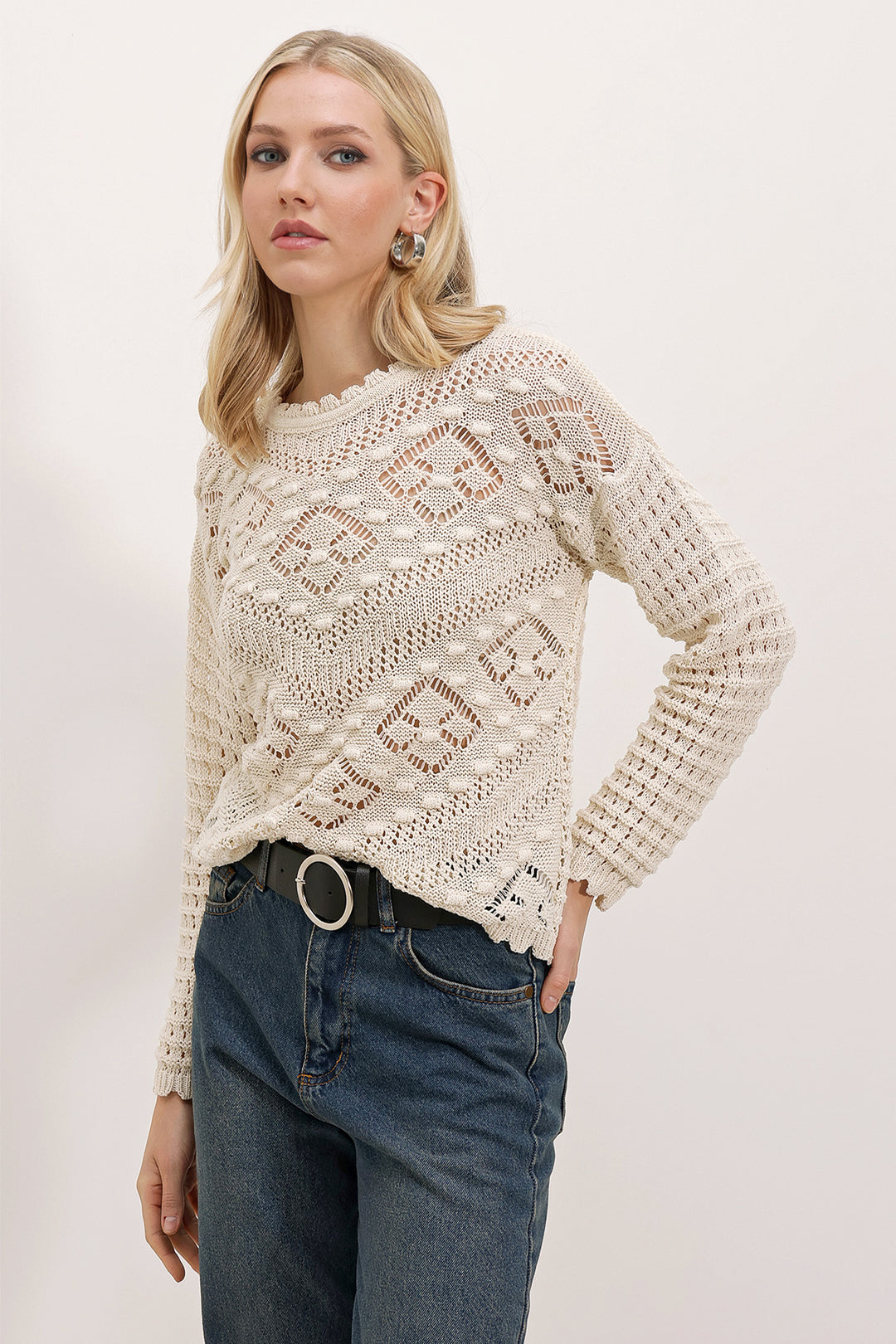 BGD Women Textured/Holey Oversized Sweater - Stone - Longview