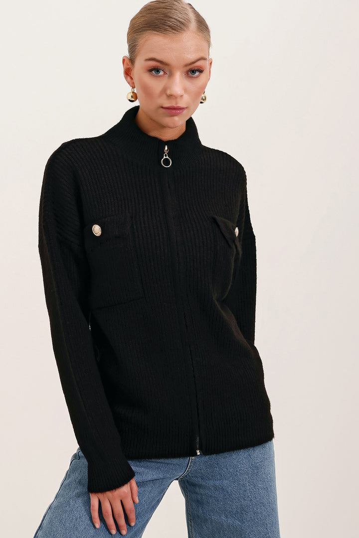 BGD Women Pocket Detailed Zippered Cardigan - Black - Lüdenscheid