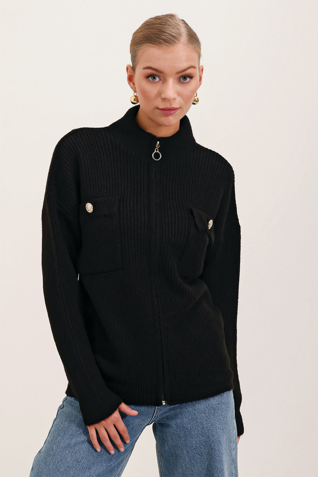 BGD Women Pocket Detailed Zippered Cardigan - Black - Lüdenscheid