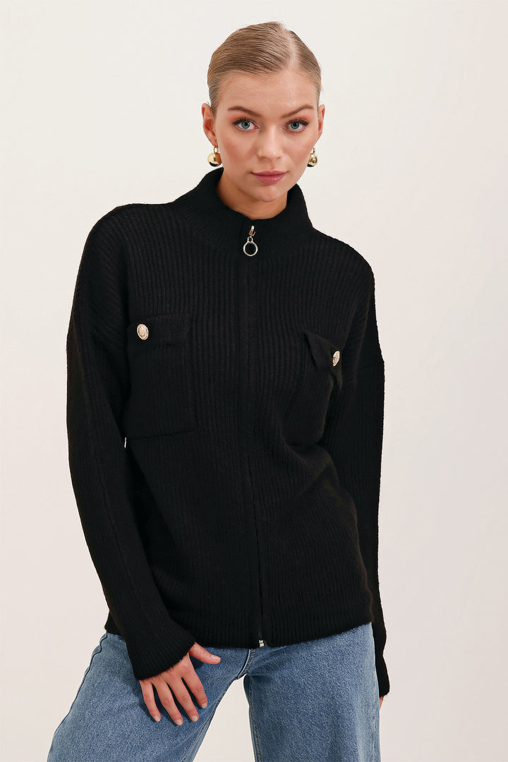 BGD Women Pocket Detailed Zippered Cardigan - Black - Lüdenscheid