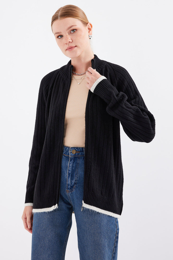 BGD Women Zippered Knit Cardigan - Black - Oildale