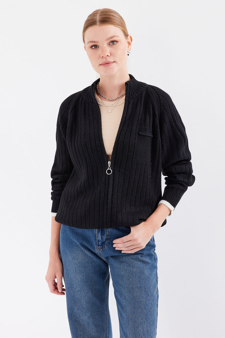 BGD Women Zippered Knit Cardigan - Black - Oildale