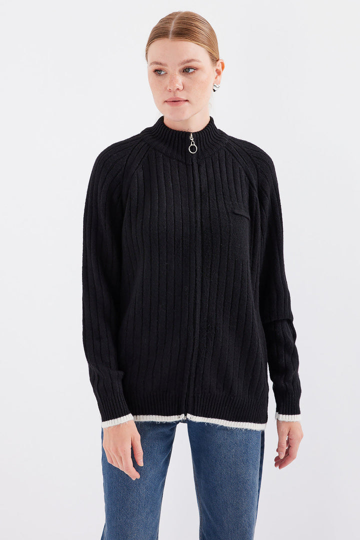 BGD Women Zippered Knit Cardigan - Black - Oildale