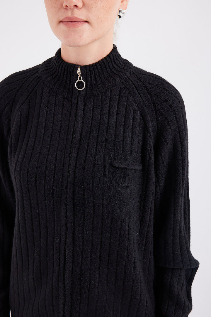 BGD Women Zippered Knit Cardigan - Black - Oildale