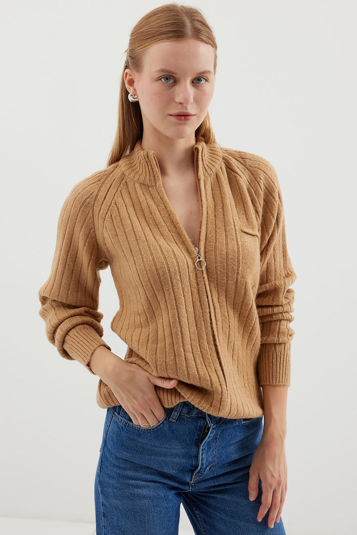 BGD Women Zippered Cardigan Sweater - Biscuit - Pasco