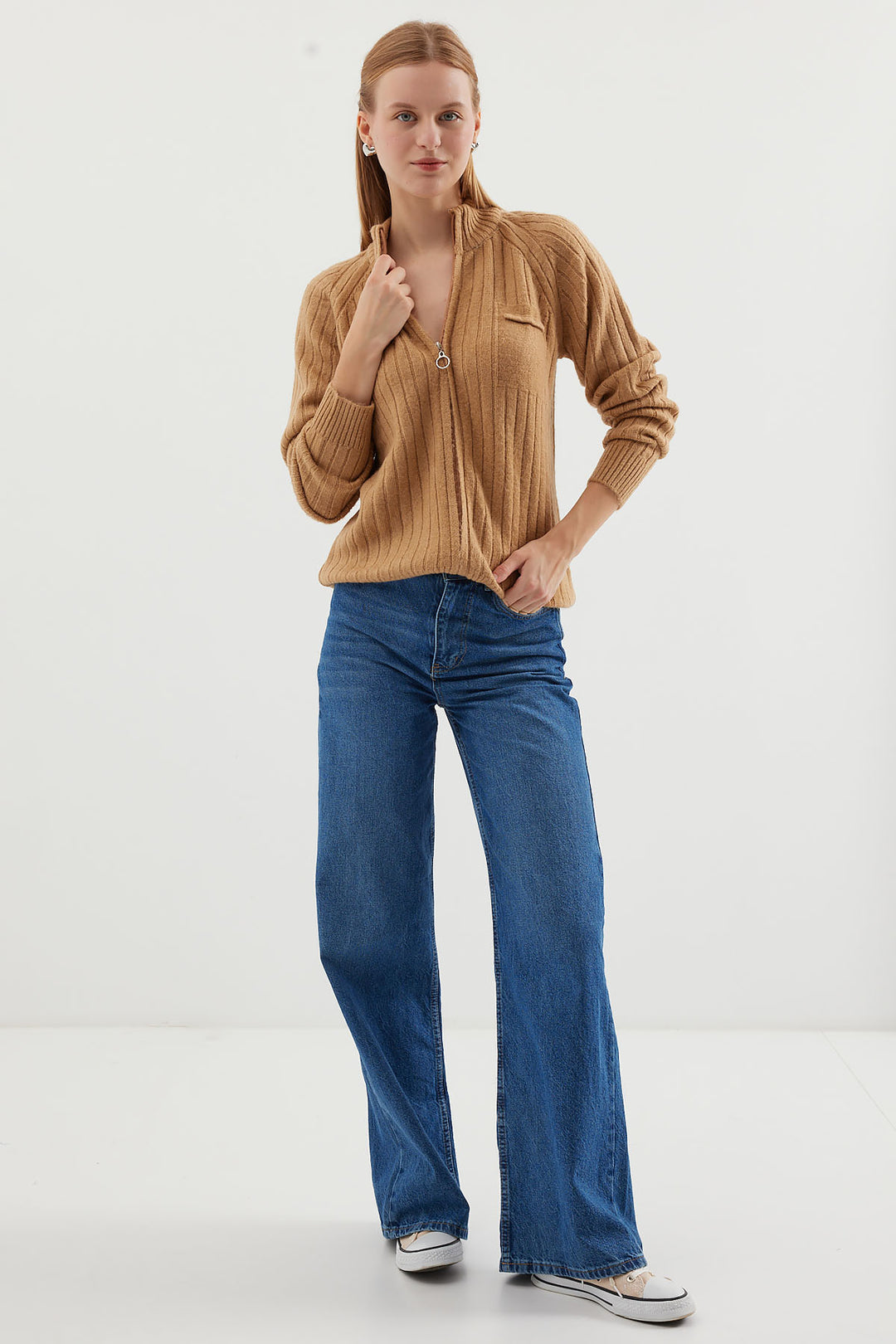 BGD Women Zippered Cardigan Sweater - Biscuit - Pasco