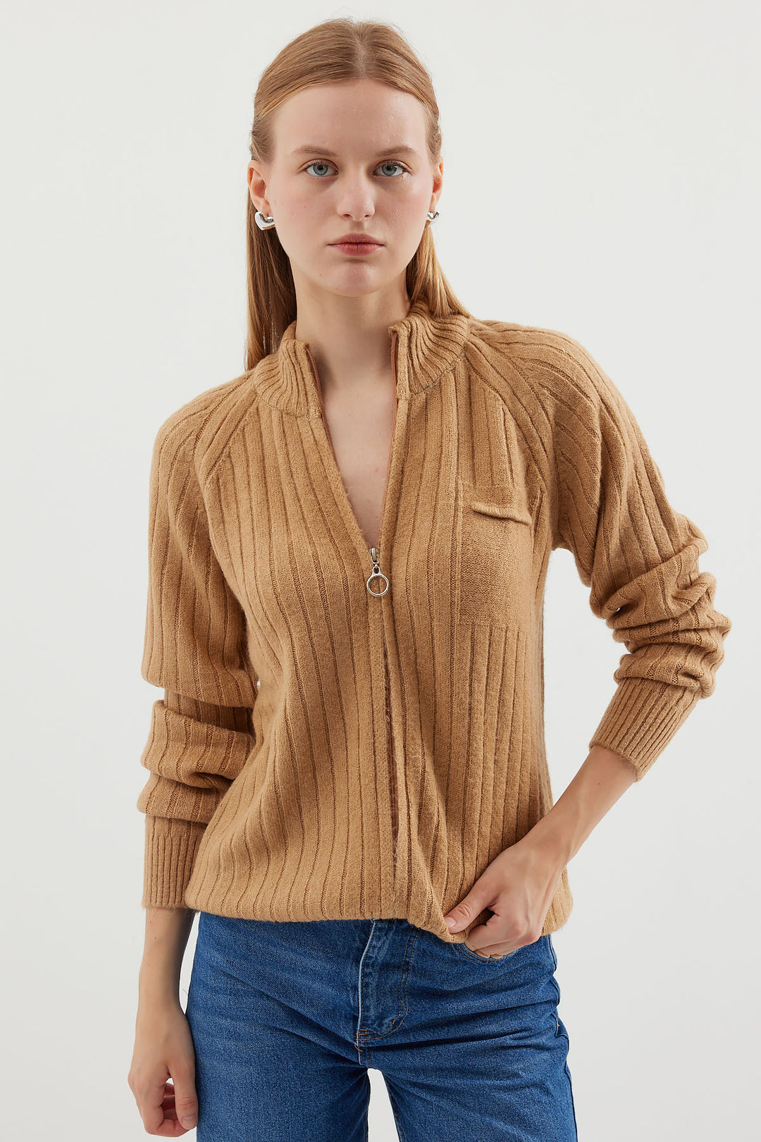 BGD Women Zippered Cardigan Sweater - Biscuit - Pasco