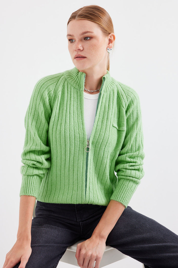 BGD Women Zippered Cardigan - Dark Green - Stirling